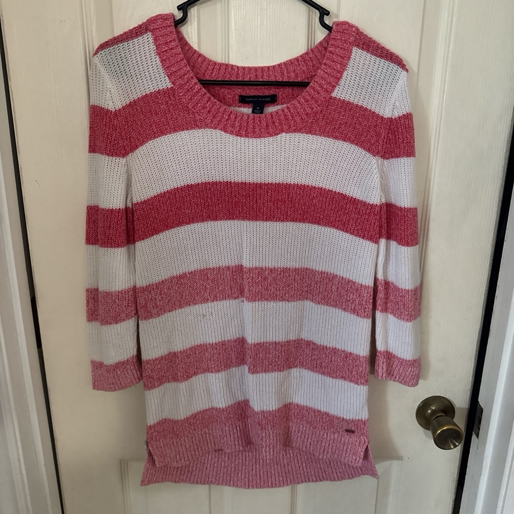 Tommy Hilfiger Pink and White Crew Neck Sweater